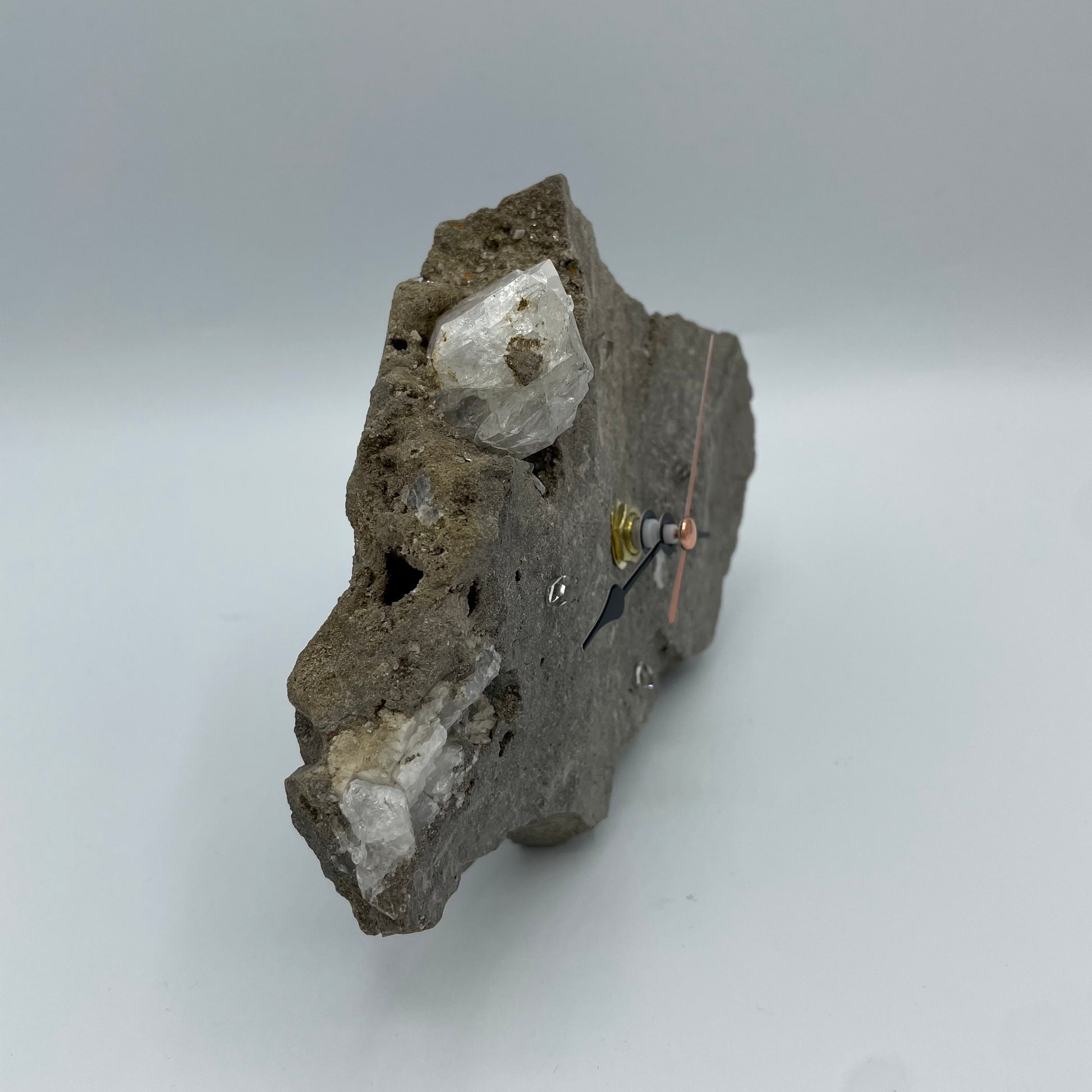 Side view of a Quartz Clock with Herkimer Diamonds; on a Herkimer Diamond Specimen
