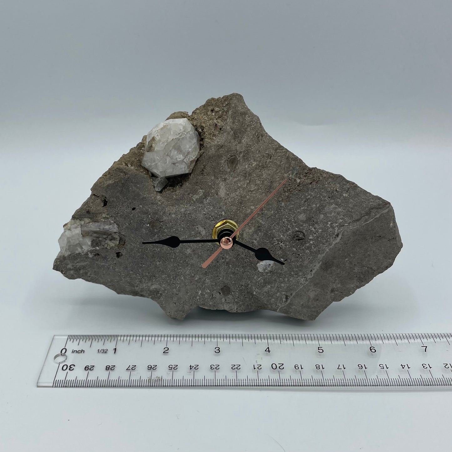 View with a ruler of a Quartz Clock with Herkimer Diamonds; on a Herkimer Diamond Specimen