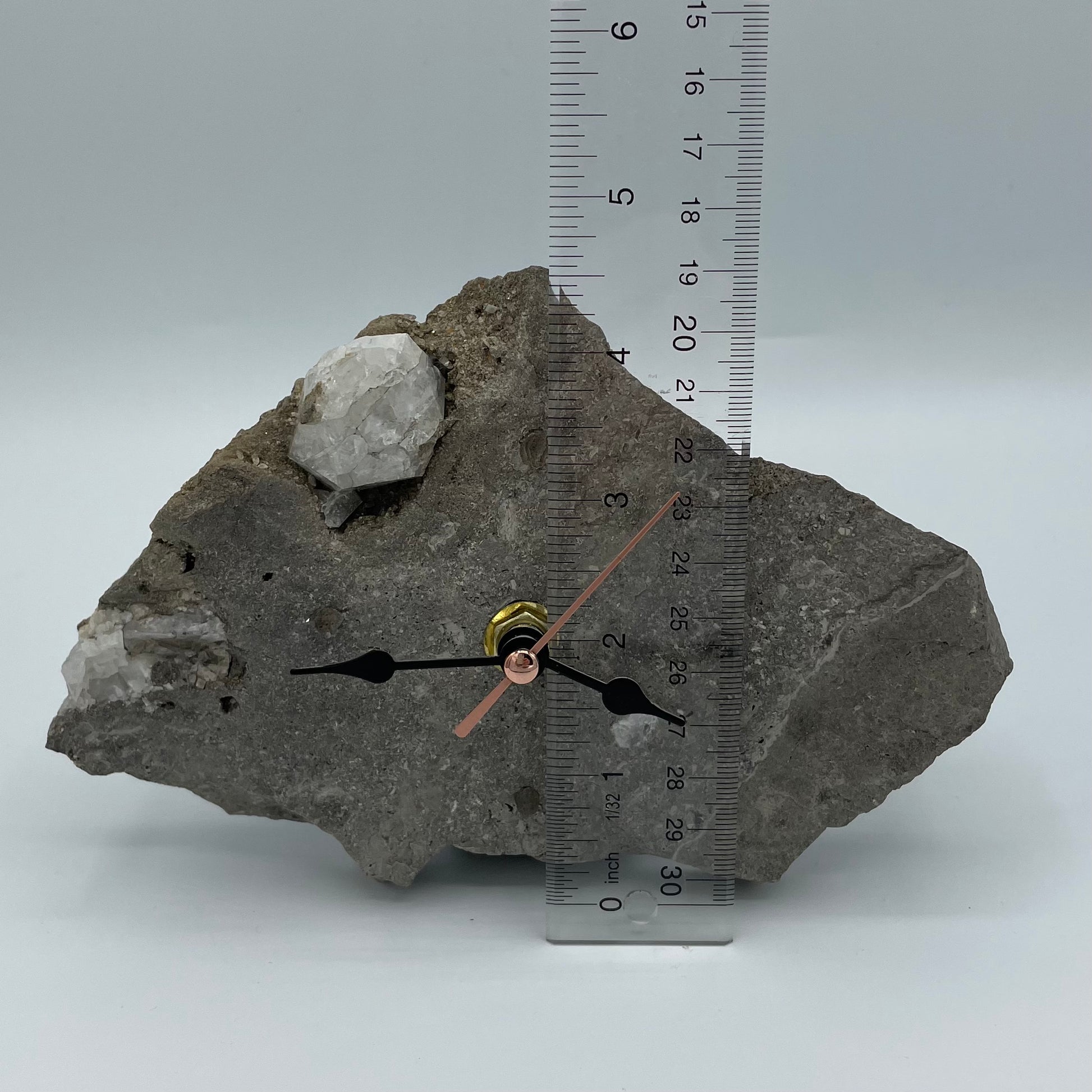 Ruler view of Quartz Clock with Herkimer Diamonds; on a Herkimer Diamond Specimen