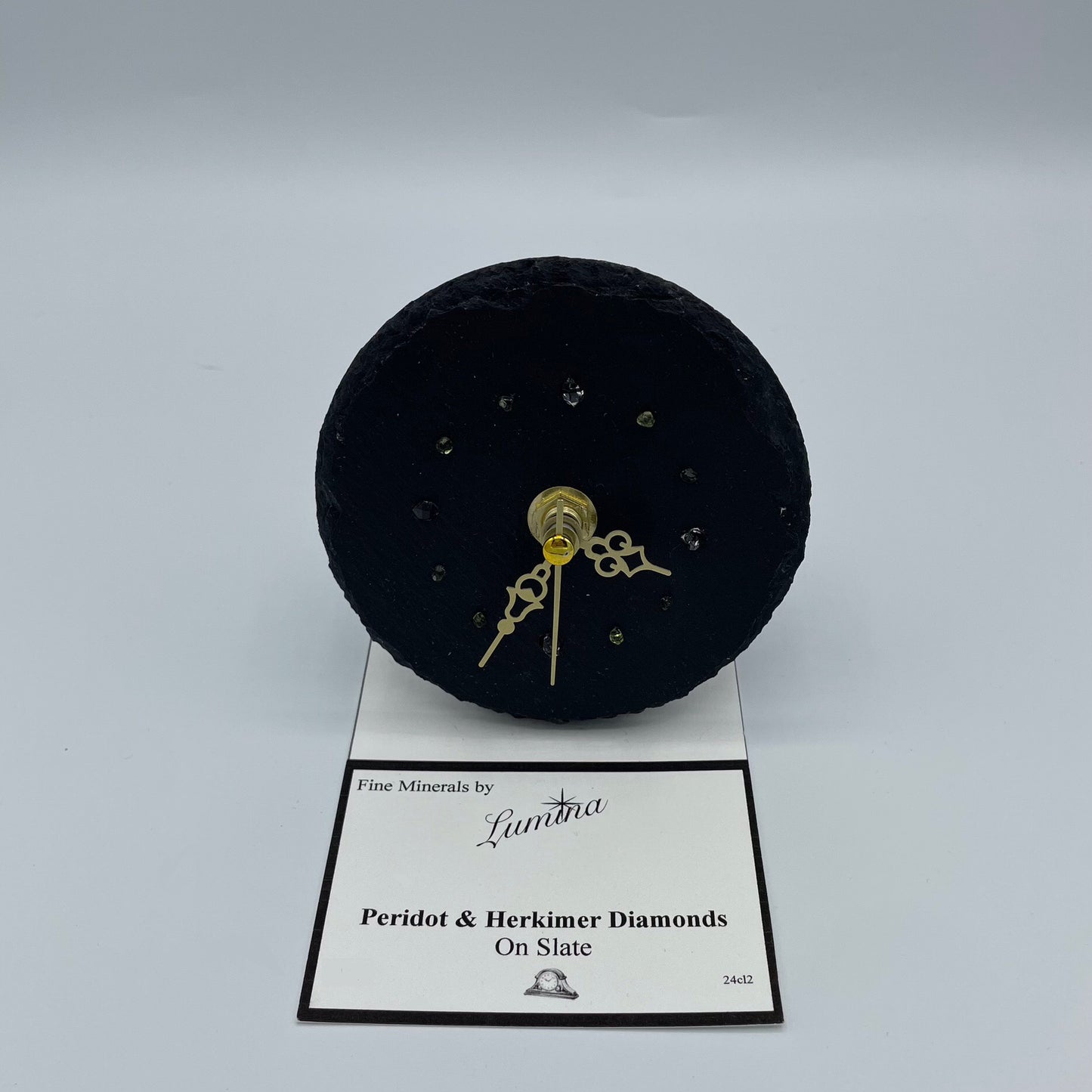 Quartz Clock With Peridot & Herkimer Diamonds on Slate