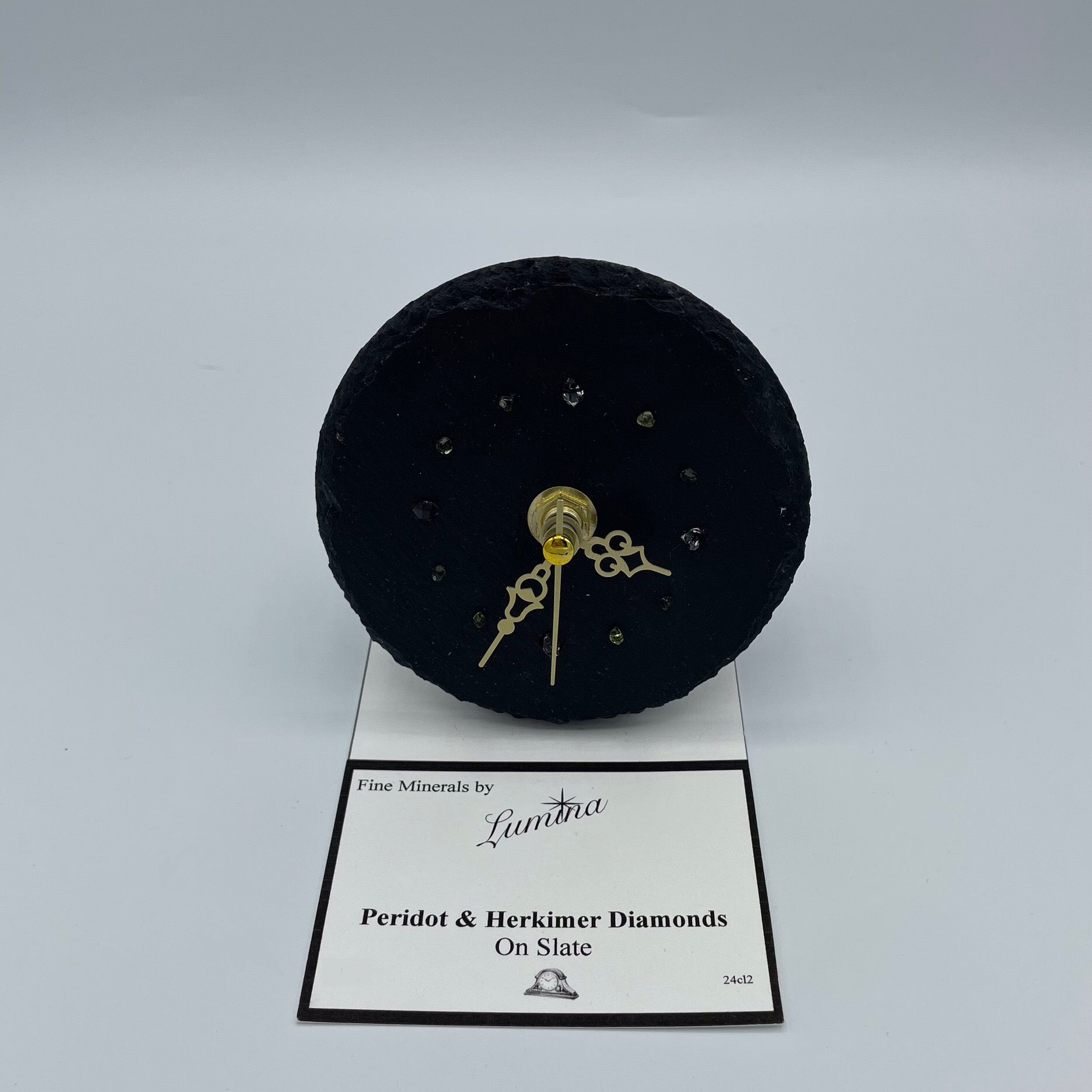 Quartz Clock With Peridot & Herkimer Diamonds on Slate