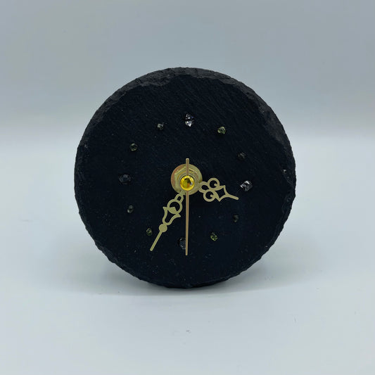 Quartz Clock With Peridot & Herkimer Diamonds on Slate
