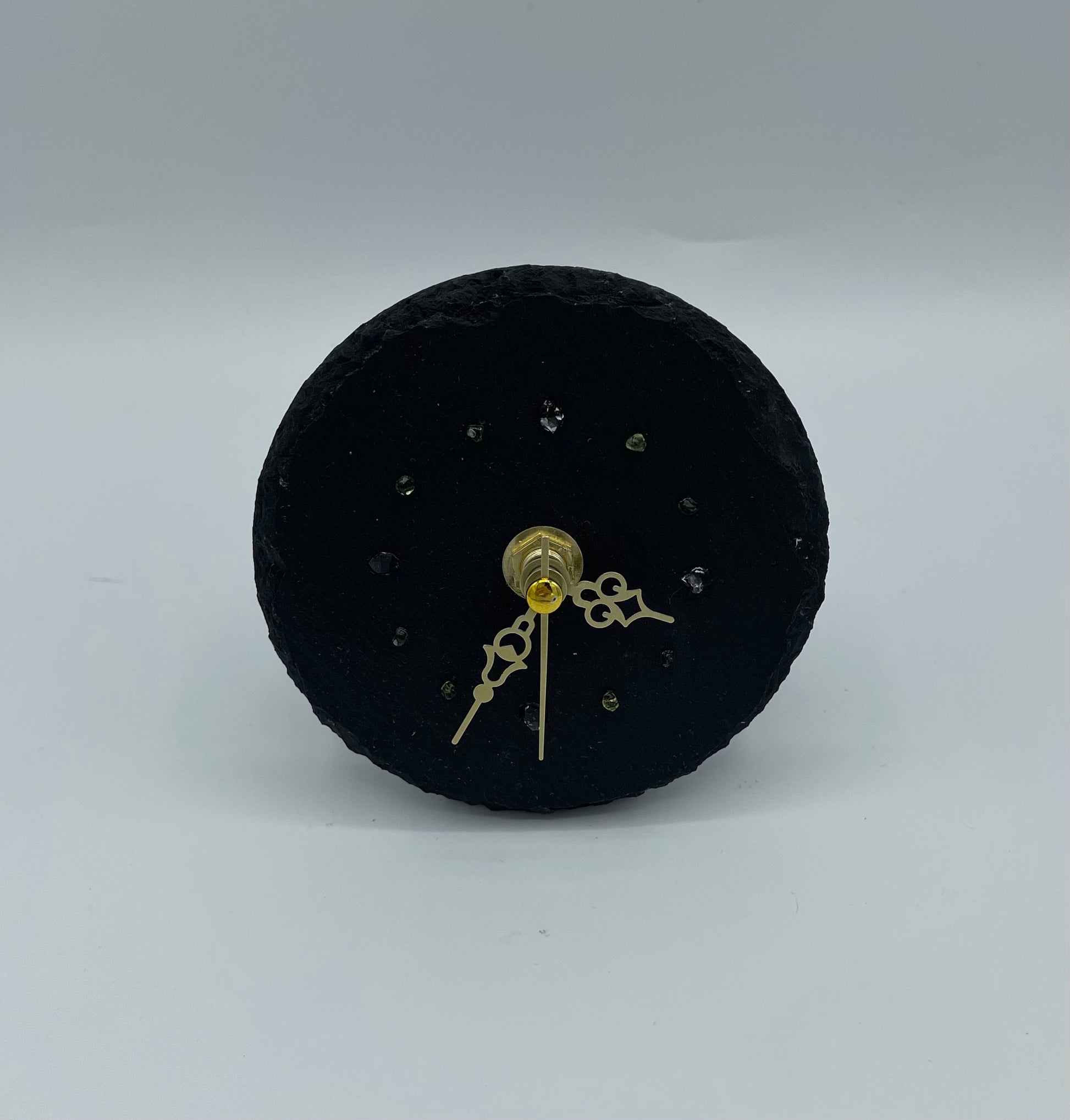 Quartz Clock With Peridot & Herkimer Diamonds on Slate