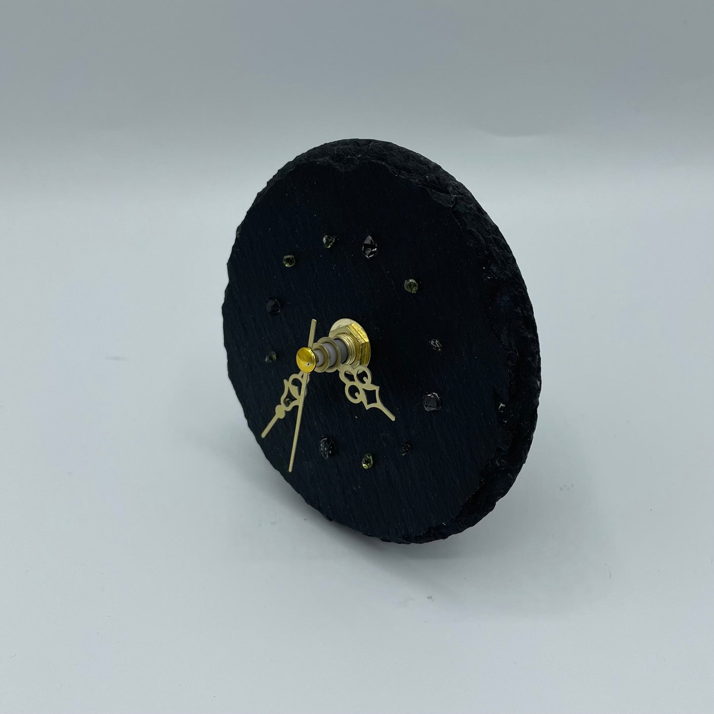 Quartz Clock With Peridot & Herkimer Diamonds on Slate