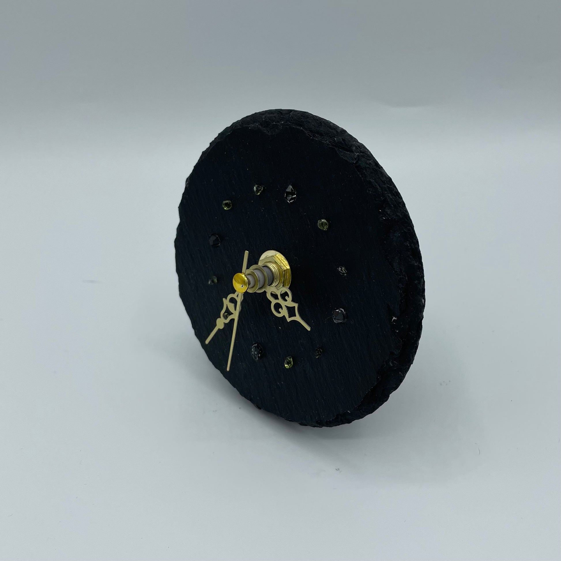 Quartz Clock With Peridot & Herkimer Diamonds on Slate