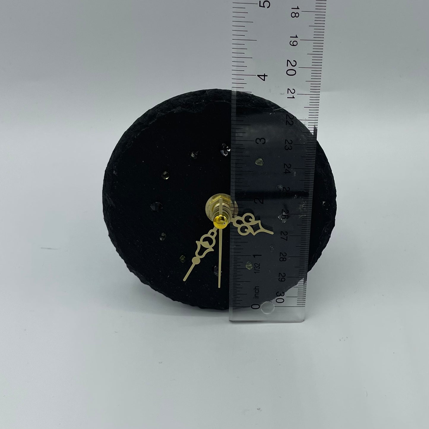 Quartz Clock With Peridot & Herkimer Diamonds on Slate With ruler to show size