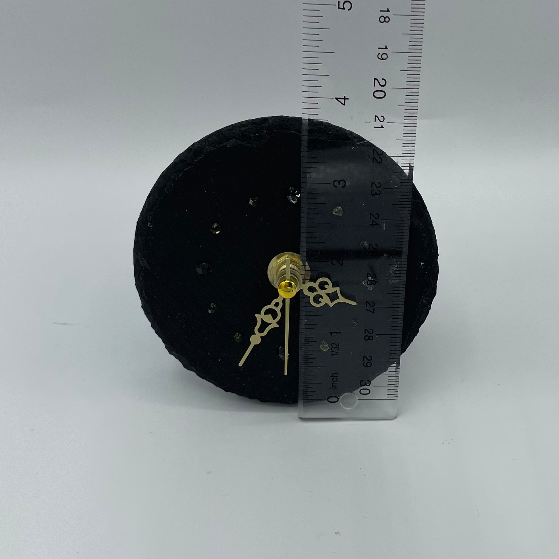 Quartz Clock With Peridot & Herkimer Diamonds on Slate With ruler to show size