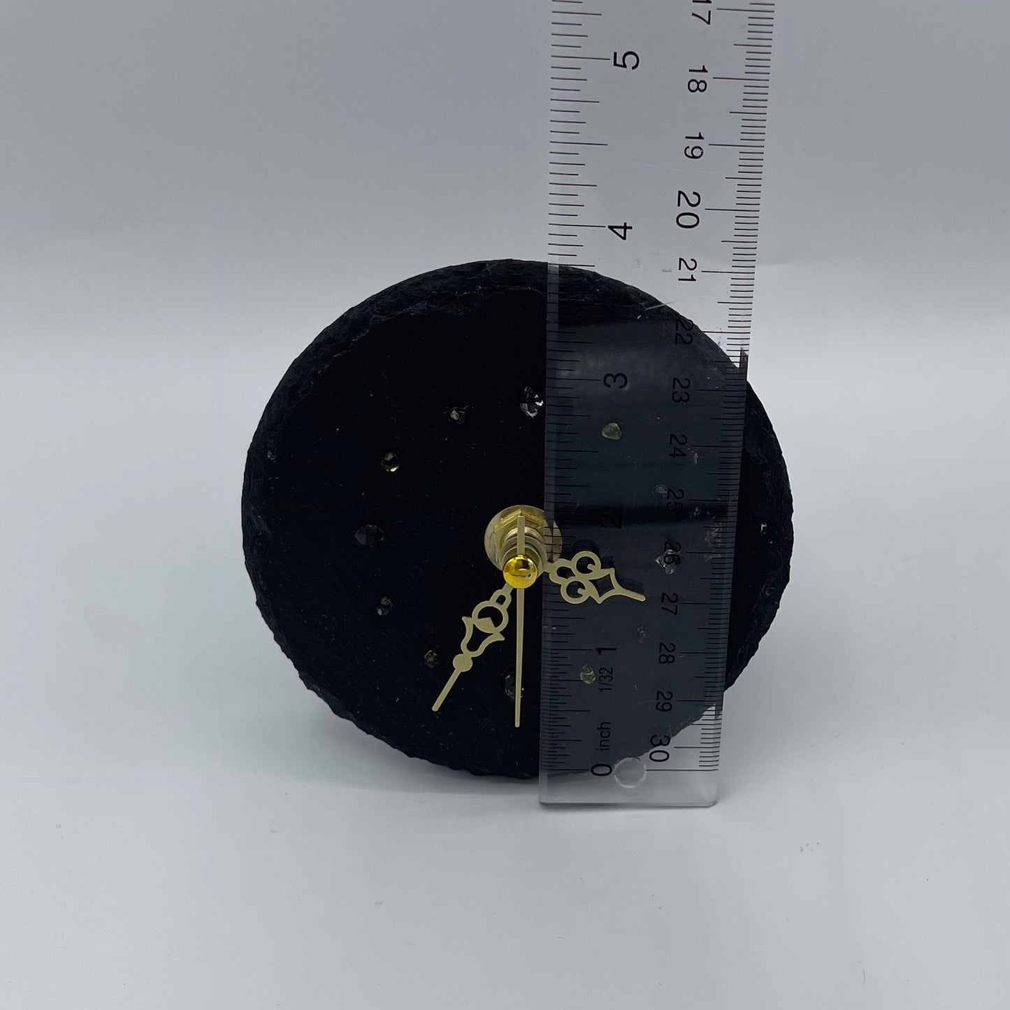 Quartz Clock With Peridot & Herkimer Diamonds on Slate With ruler to show size
