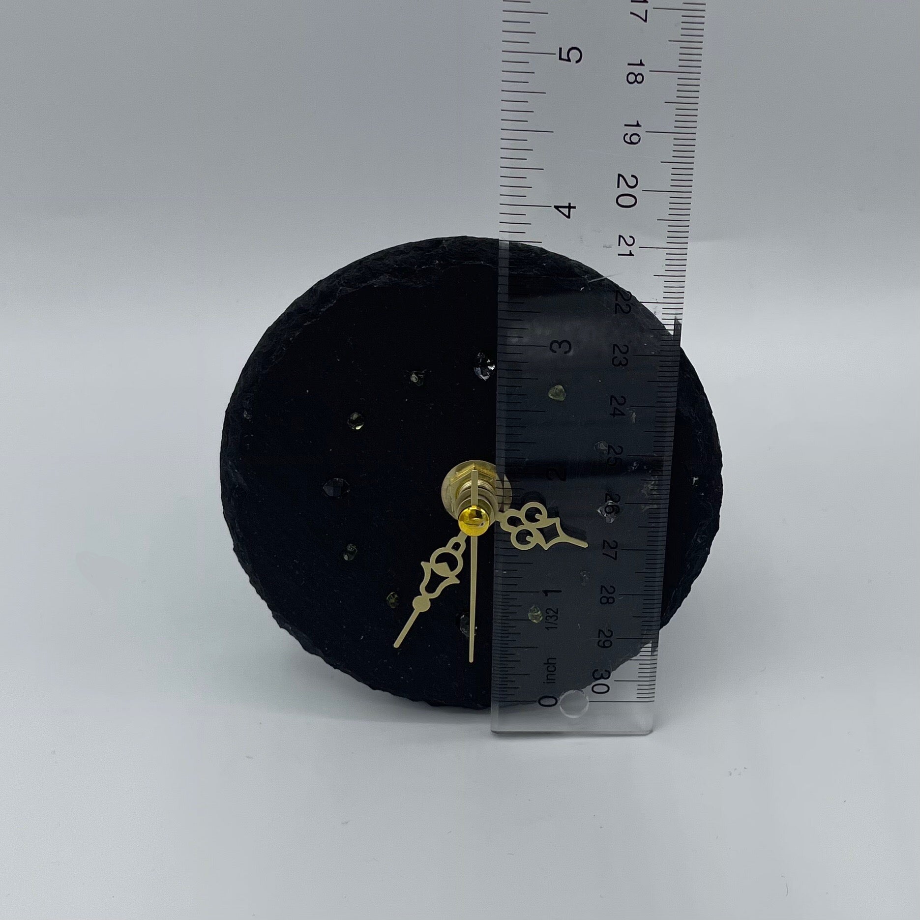 Quartz Clock With Peridot & Herkimer Diamonds on Slate With ruler to show size