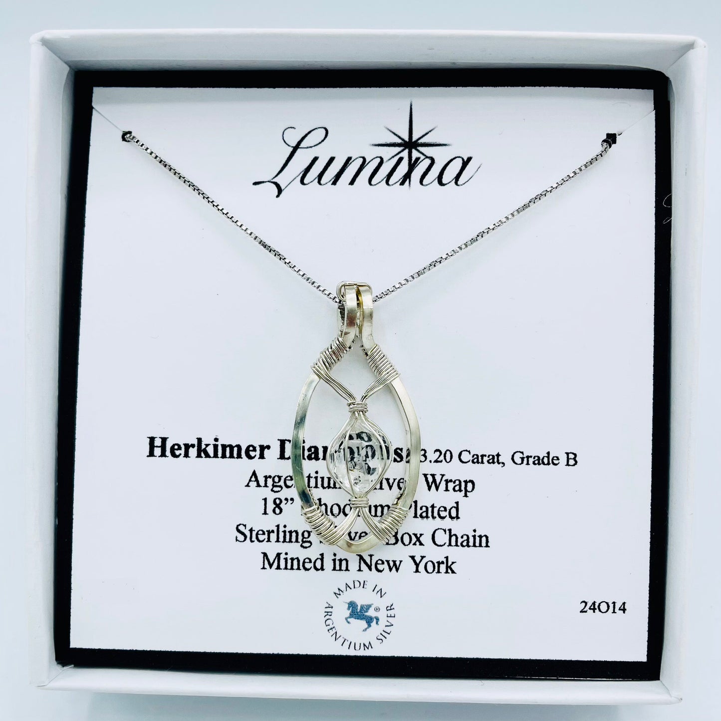 Herkimer Diamond 3.20 Carat, Grade B
Argentium Silver Wrapped Pendent
Rhodium Plated, Sterling Silver 18” Box Chain
Minded in New York