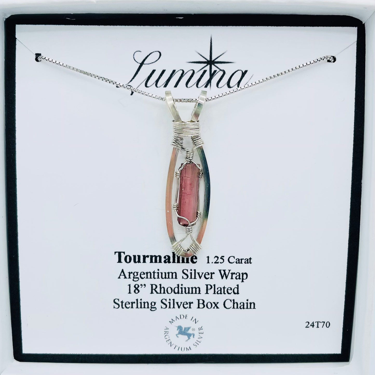 Pink Tourmaline Argentium Silver Wrapped Necklace with a Rhodium Plated Sterling Silver 18” Box Chain