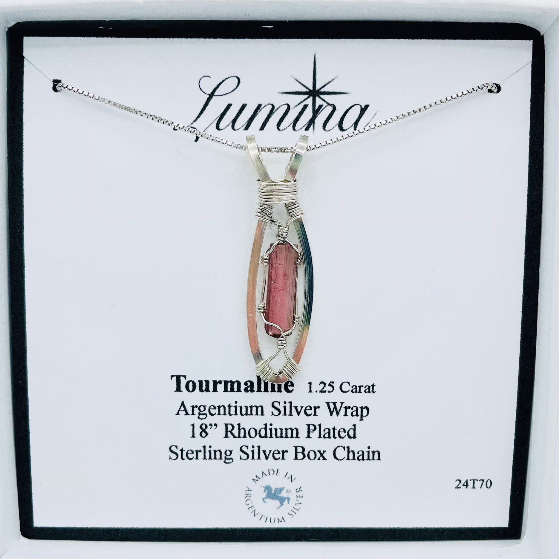 Pink Tourmaline Argentium Silver Wrapped Necklace with a Rhodium Plated Sterling Silver 18” Box Chain
