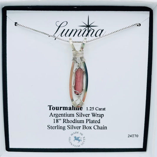 Pink Tourmaline Argentium Silver Wrapped Necklace with a Rhodium Plated Sterling Silver 18” Box Chain