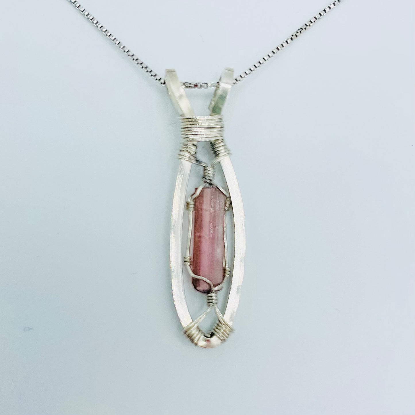Pink Tourmaline Argentium Silver Wrapped Necklace with a Rhodium Plated Sterling Silver 18” Box Chain