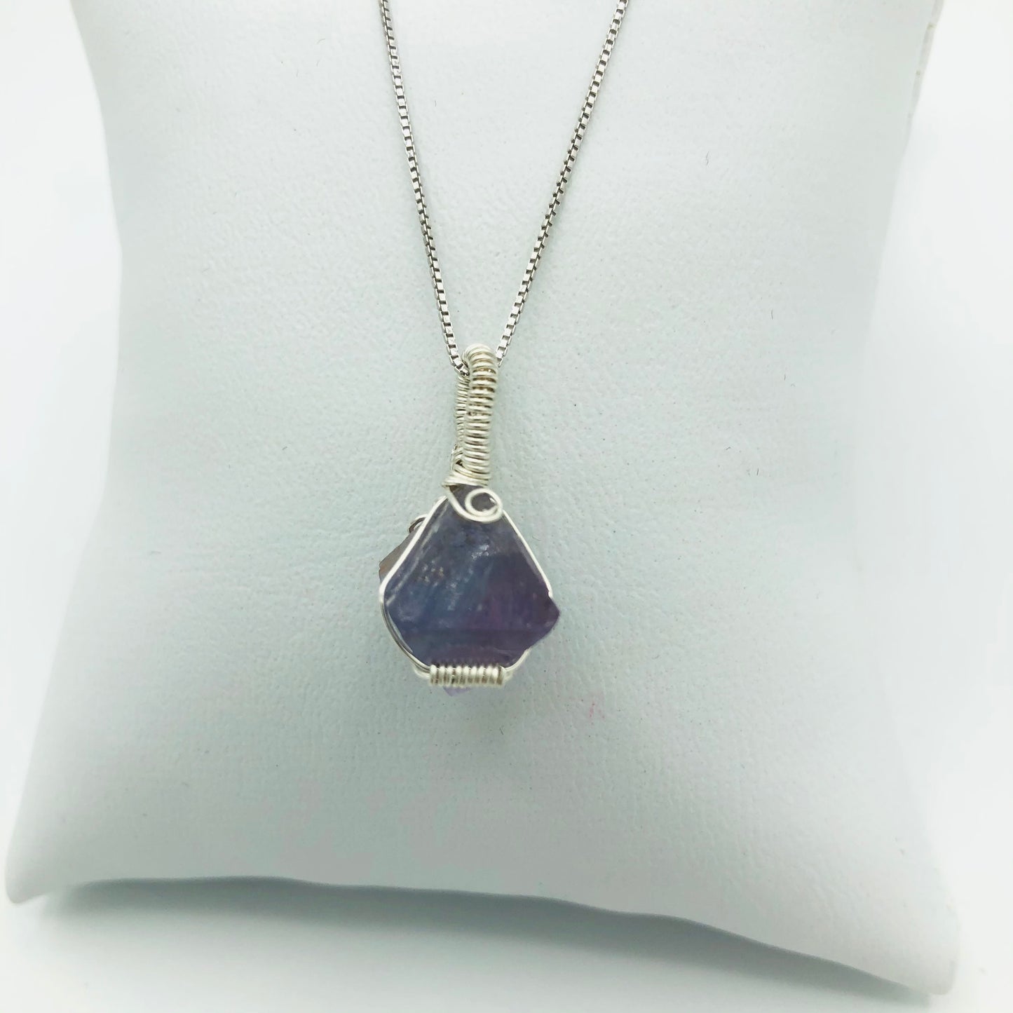  Argentium Silver Wire Wrapped Fluorite Octahedron Crystal on Rhodium Plated Sterling Silver Box Chain . (Mini horizontal coil)