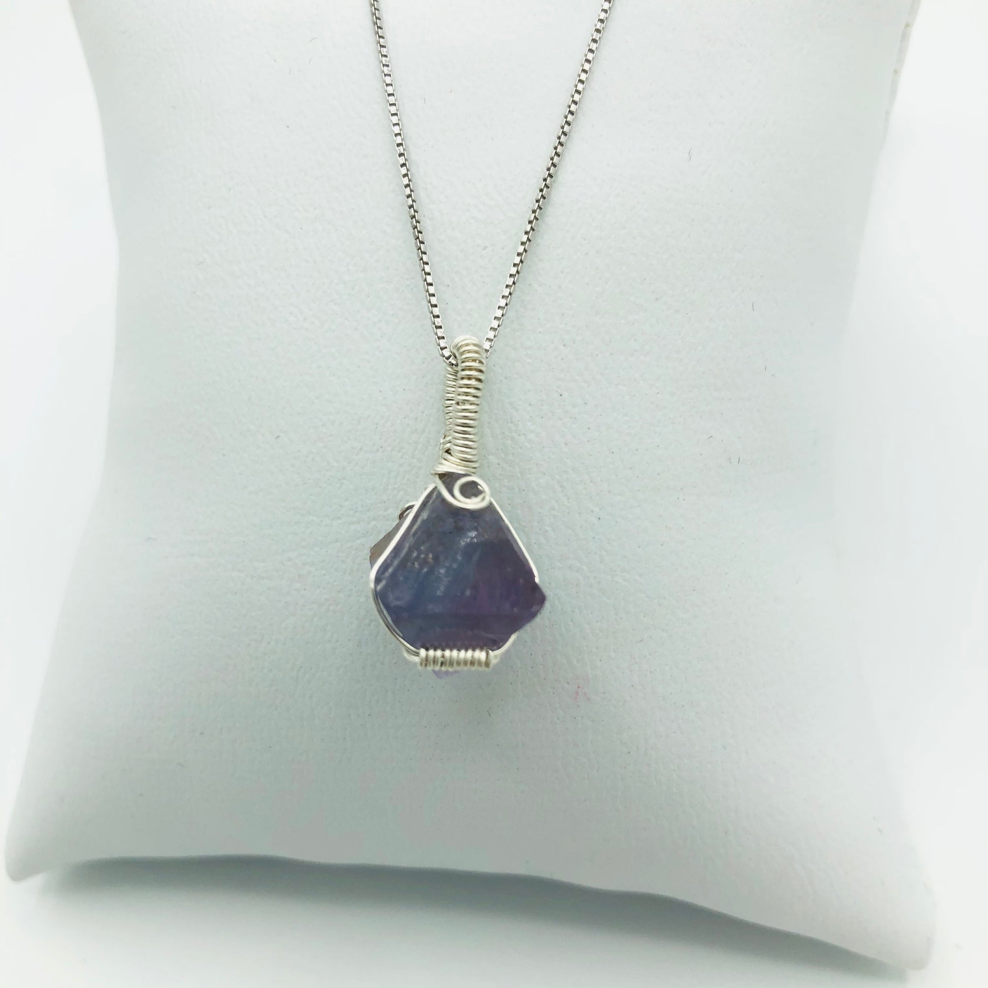 Argentium Silver Wire Wrapped Fluorite Octahedron Crystal on Rhodium Plated Sterling Silver Box Chain . (Mini horizontal coil)