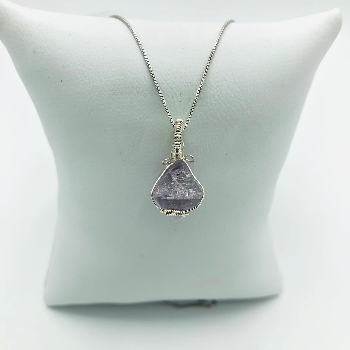 Argentium Silver Wire Wrapped Fluorite Octahedron Crystal on Rhodium Plated Sterling Silver Box Chain . (mini horizontal coil)