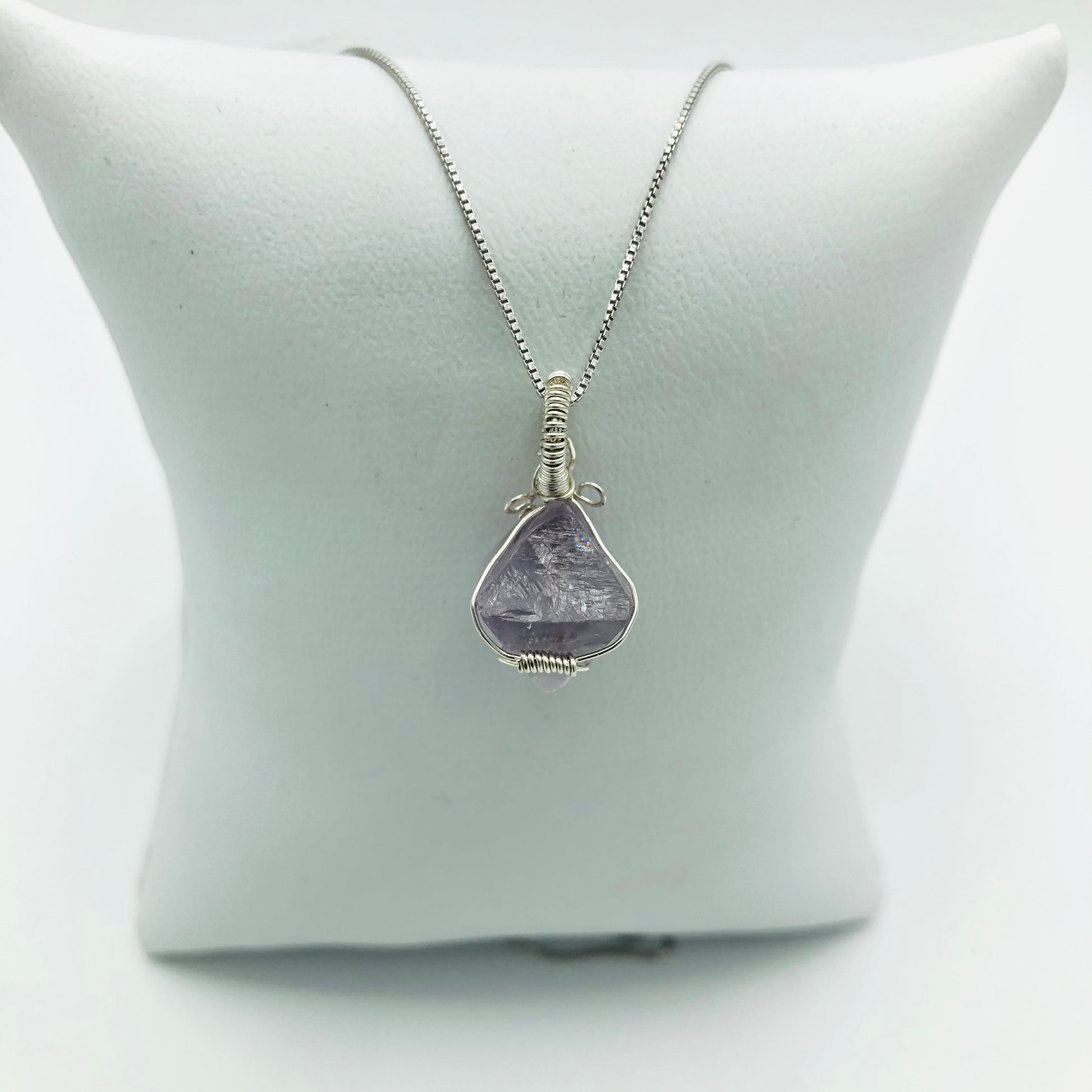 Argentium Silver Wire Wrapped Fluorite Octahedron Crystal on Rhodium Plated Sterling Silver Box Chain . (mini horizontal coil)
