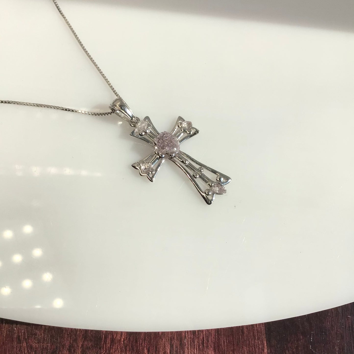 0.75 Total Carat Weight (TCW) Amethysts on Rhodium Plated Sterling Silver Cross & Rhodium Plated Sterling Silver 18” Box Chain