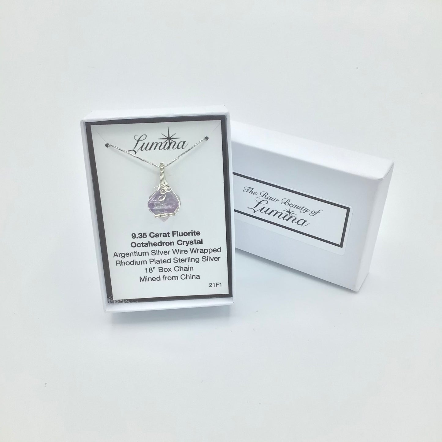 Argentium Silver Wire Wrapped Fluorite Octahedron Crystal on Rhodium Plated Sterling Silver Box Chain . (Large Horizontal Crystal,)