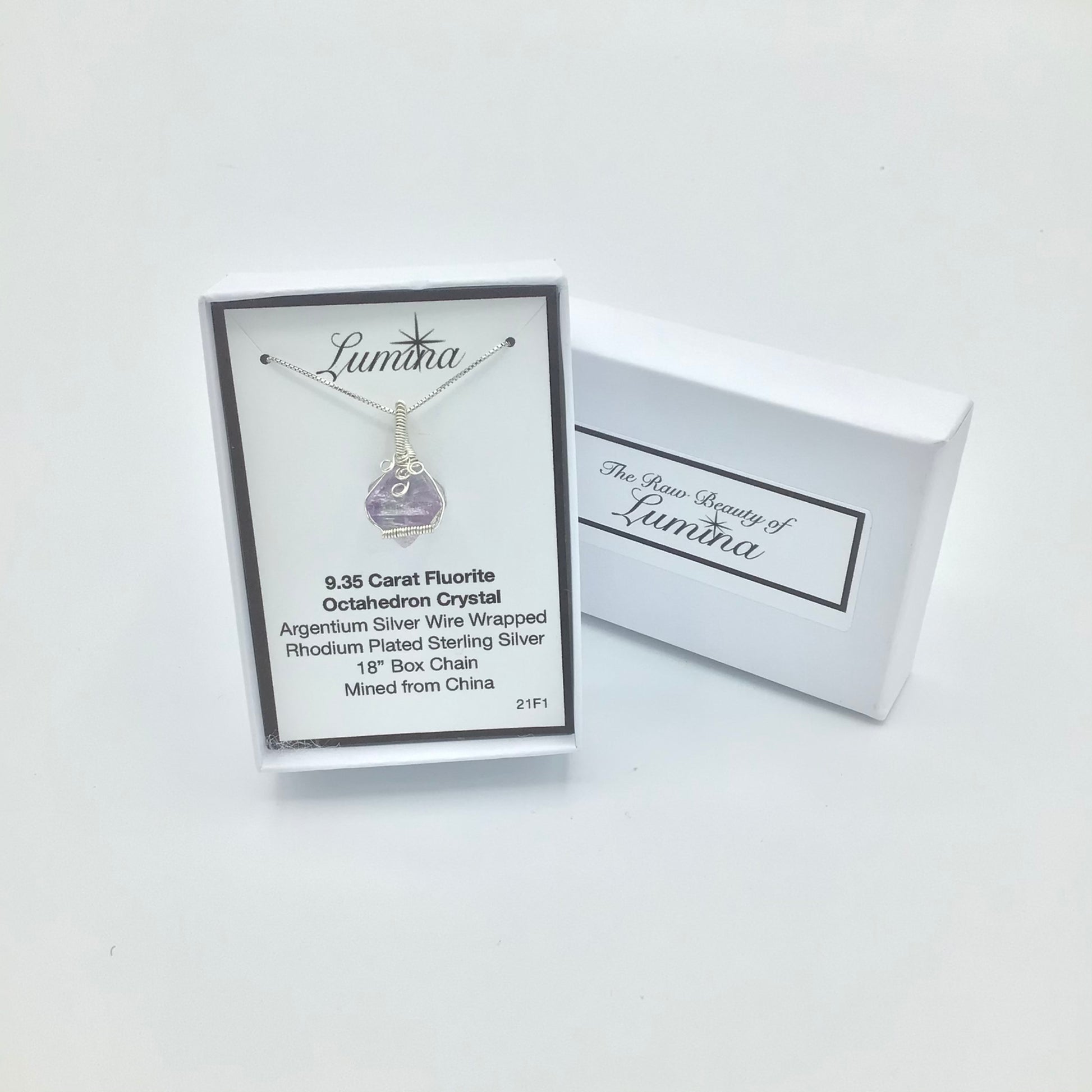 Argentium Silver Wire Wrapped Fluorite Octahedron Crystal on Rhodium Plated Sterling Silver Box Chain . (Large Horizontal Crystal,)