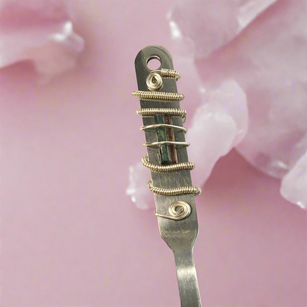 Stainless Steel Letter Opener 3.60 Carats (ct) of Green & Pink Tourmaline Sterling Silver Plated Wrap Wire & Mixed Metal Base Wire Mined in Maine