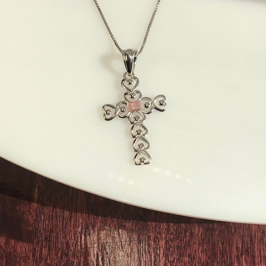 0.10 carat Pink Tourmaline on a Rhodium Plated Sterling Silver Cross & Rhodium Plated Sterling Silver 18” Box Chain