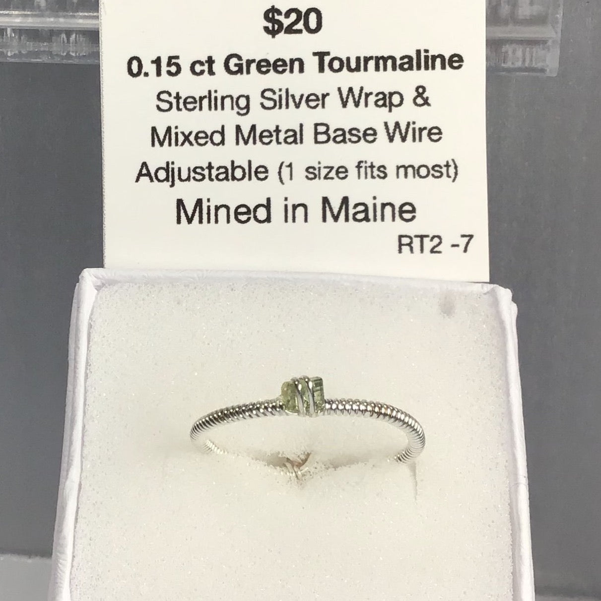 Unique, one of a kind 0.15 carat Green Tourmaline Ring, Sterling Silver Wrap Wire & Mixed Metal Base Wire (Adjustable 1 size fits most). Mined in Maine.
