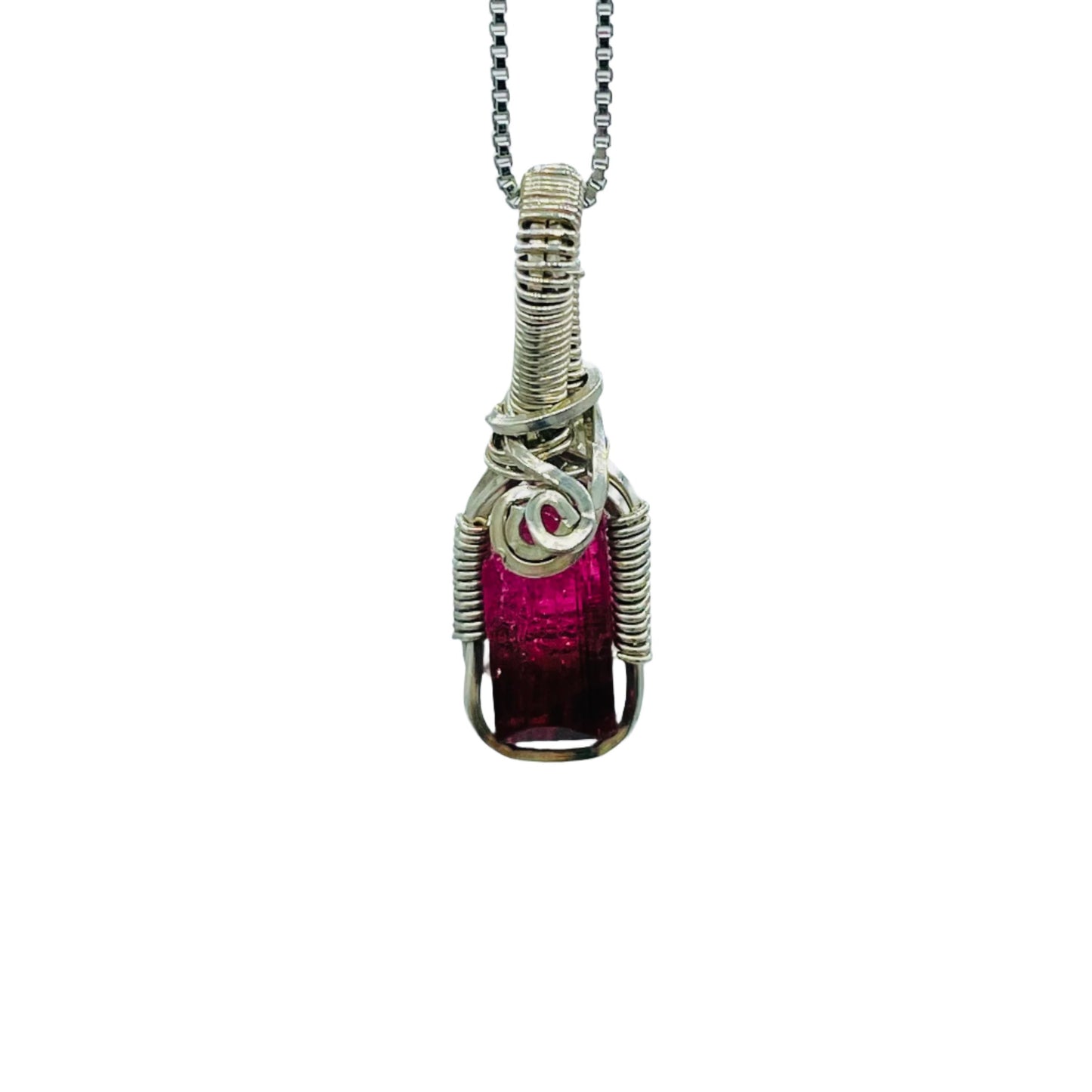 Bi-Color Pink Tourmaline, wrapped in Argentium Silver, on an 18” Rhodium Plated, Sterling Silver Box Chain
