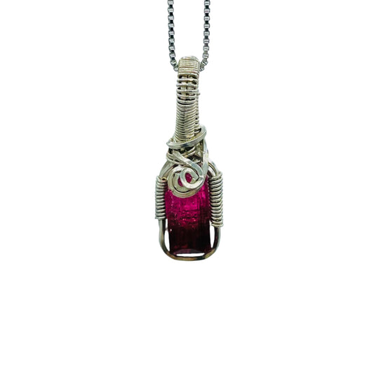 Bi-Color Pink Tourmaline, wrapped in Argentium Silver, on an 18” Rhodium Plated, Sterling Silver Box Chain