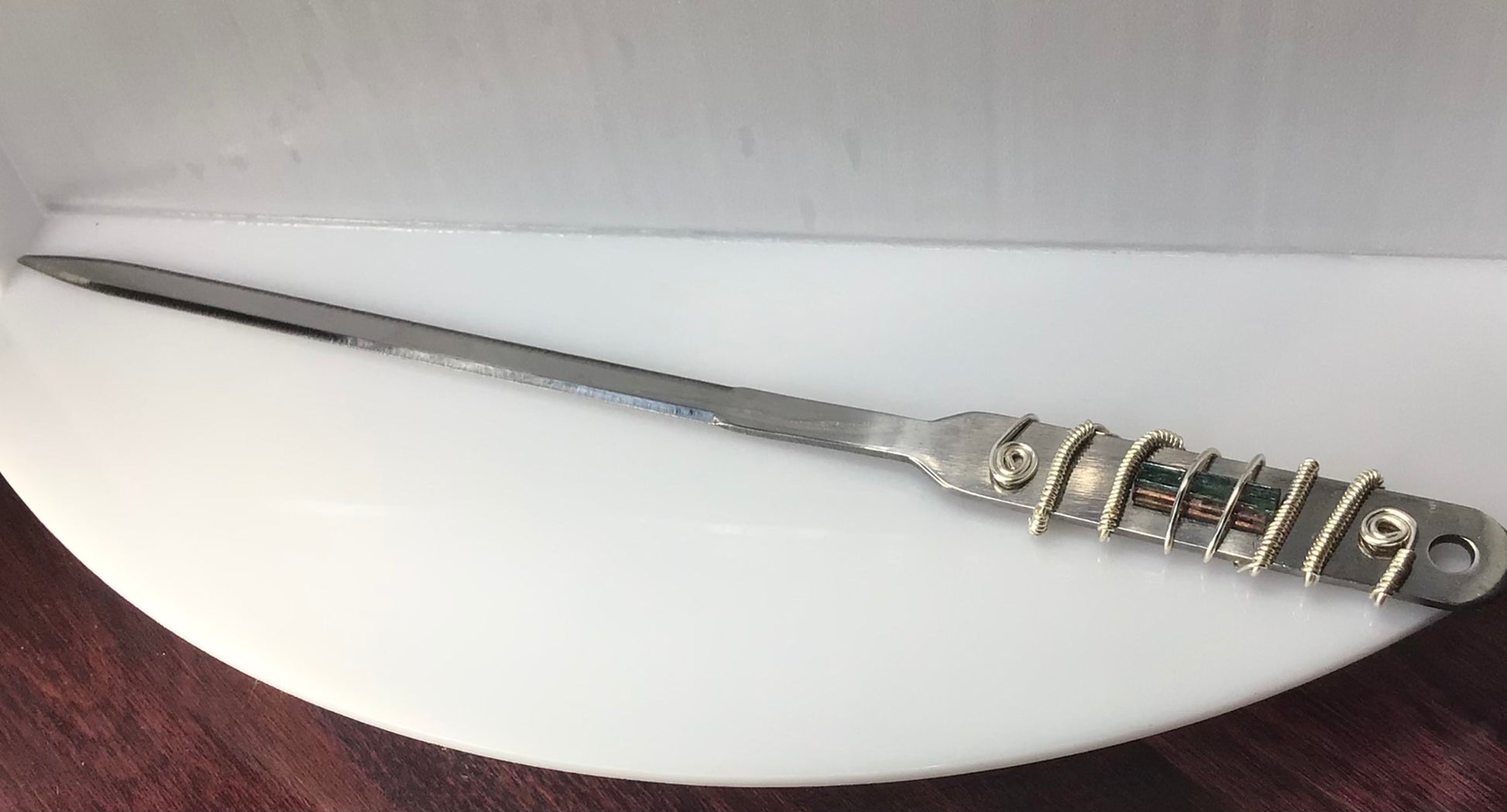 Stainless Steel Letter Opener 3.60 Carats (ct) of Green & Pink Tourmaline Sterling Silver Plated Wrap Wire & Mixed Metal Base Wire Mined in Maine