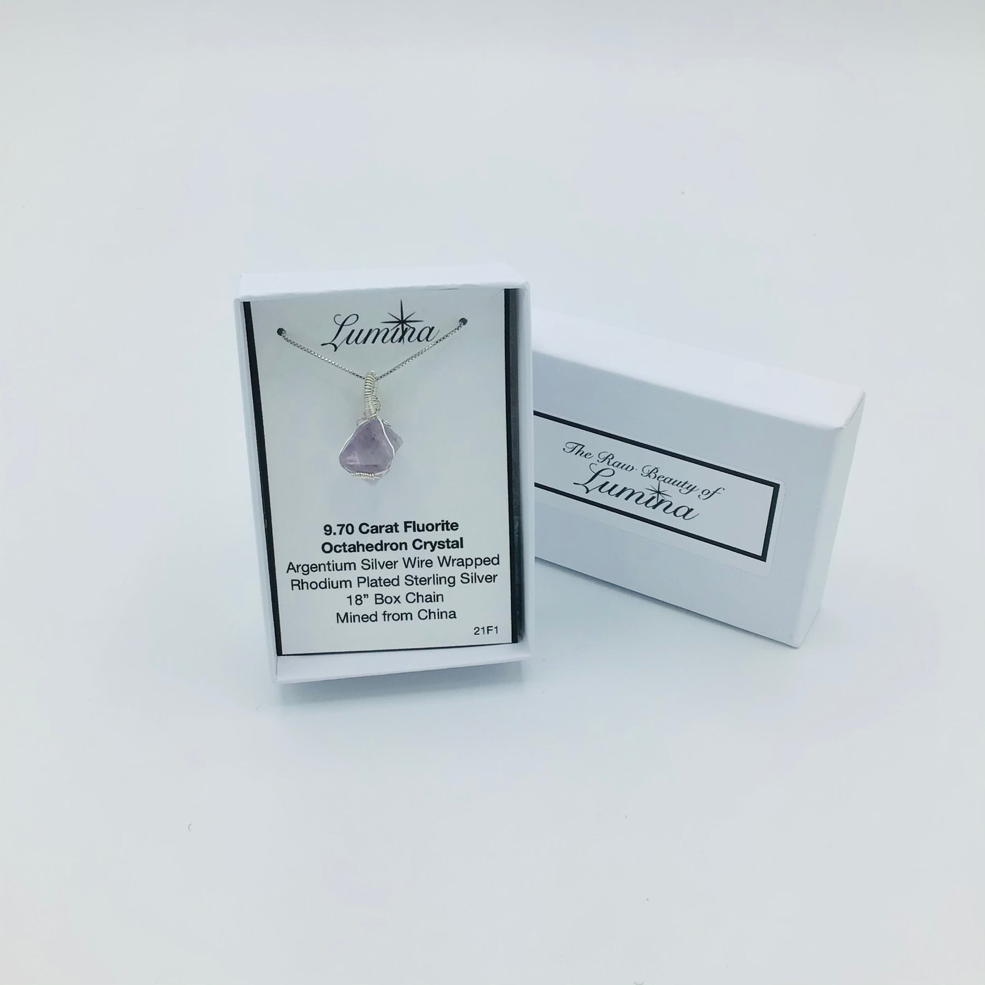 Argentium Silver Wire Wrapped Fluorite Octahedron Crystal on Rhodium Plated Sterling Silver Box Chain. (mini horizontal coil)
