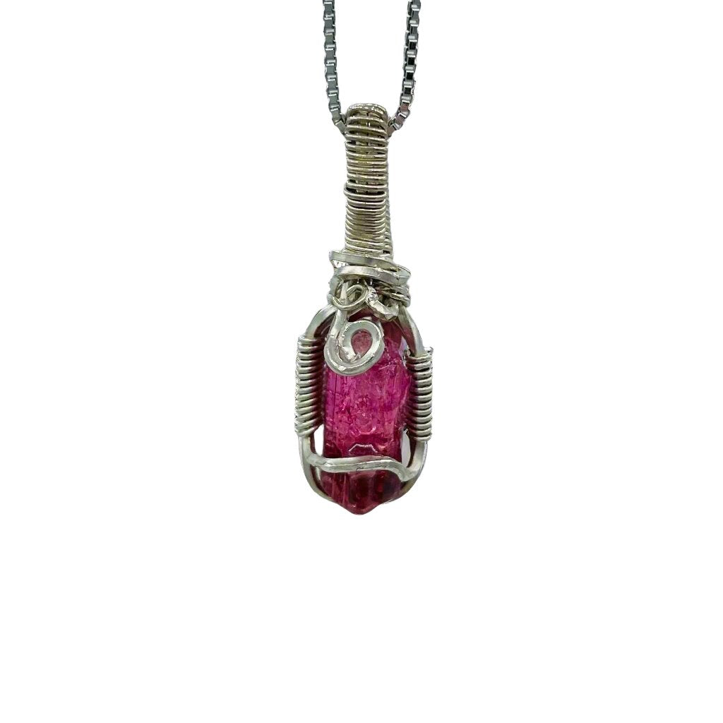 Bi-Color Pink Tourmaline, wrapped in Argentium Silver, on an 18” Rhodium Plated, Sterling Silver Box Chain