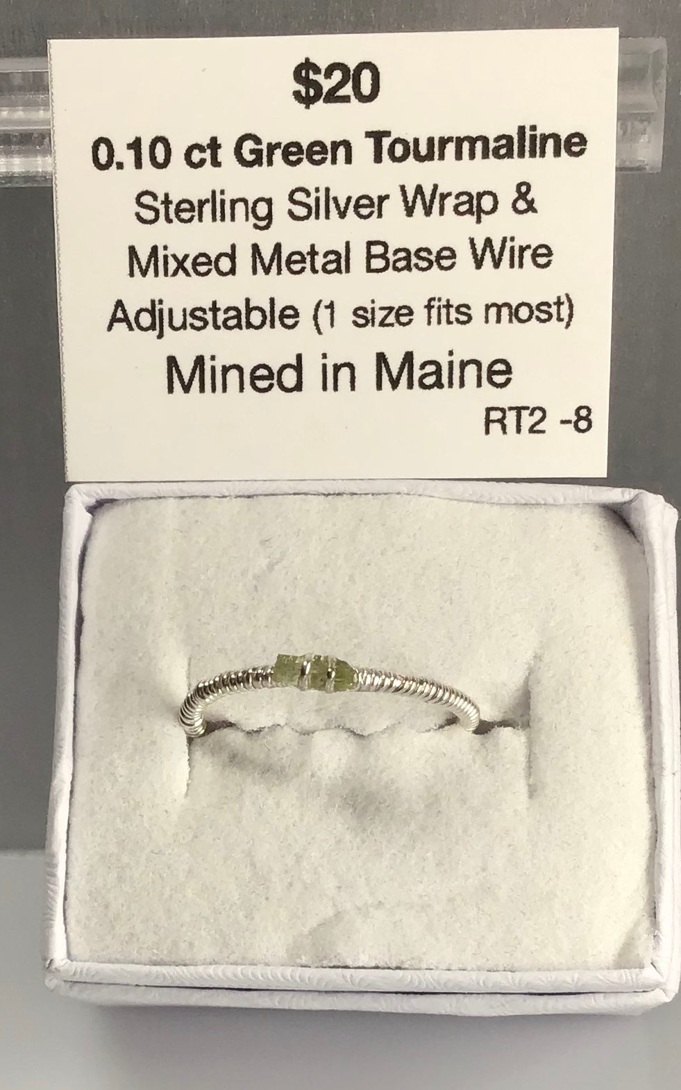Unique 0.10 carat Green Tourmaline Sterling Silver Wrap & Mixed Metal Base Wire.   (Adjustable- 1 size fits most) Mined in Maine.