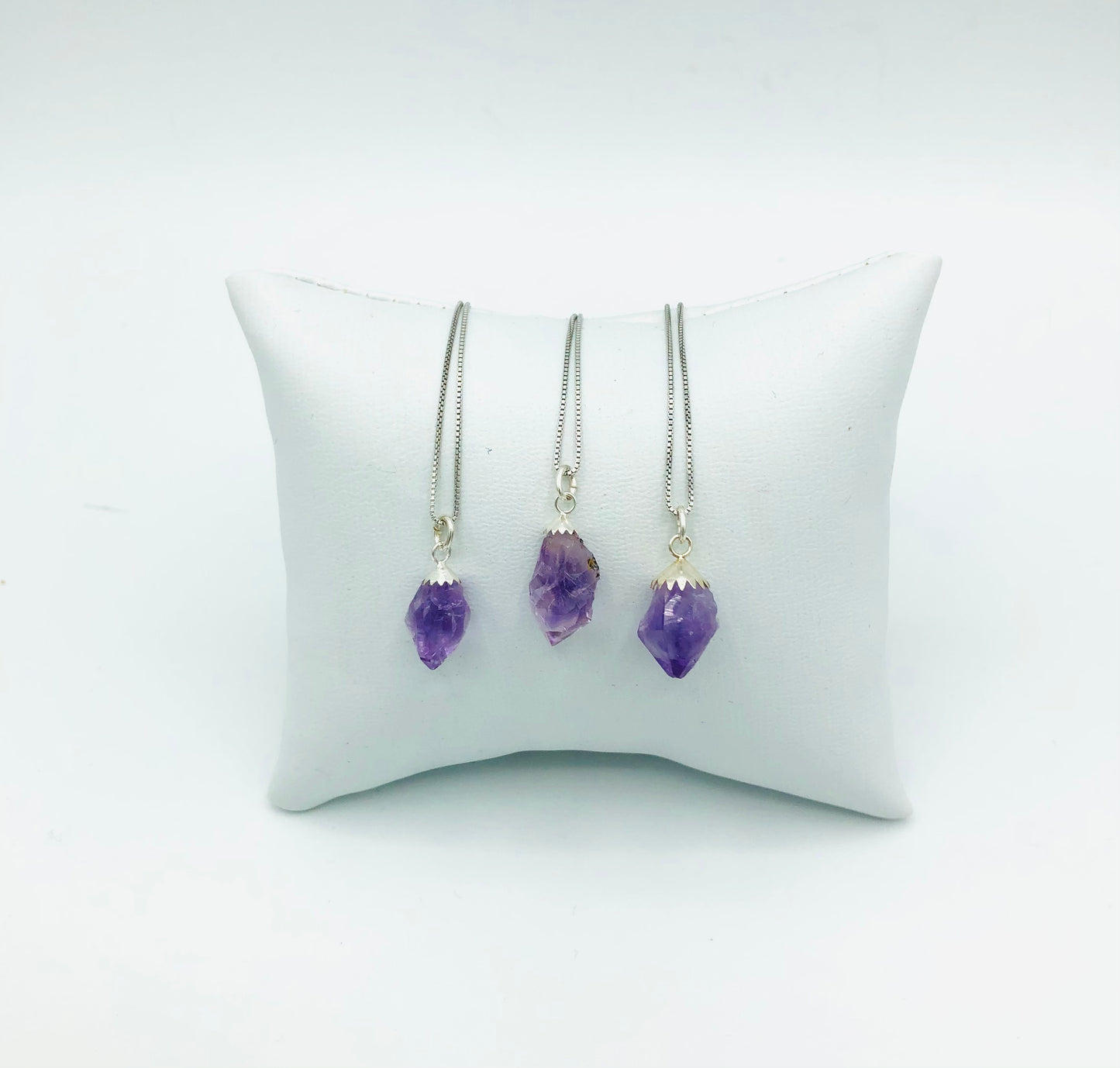 Amethyst on Rhodium Plated Sterling Silver Box Chains (One necklace per order. Props are not included)