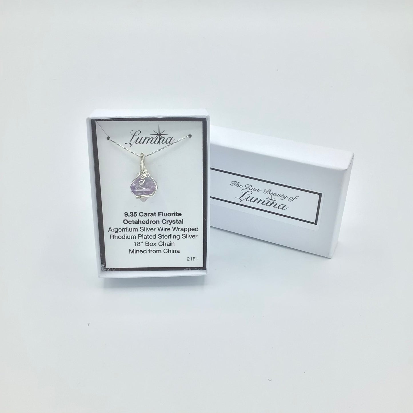 Argentium Silver Wire Wrapped Fluorite Octahedron Crystal on Rhodium Plated Sterling Silver Box Chain . (Large Horizontal Crystal)