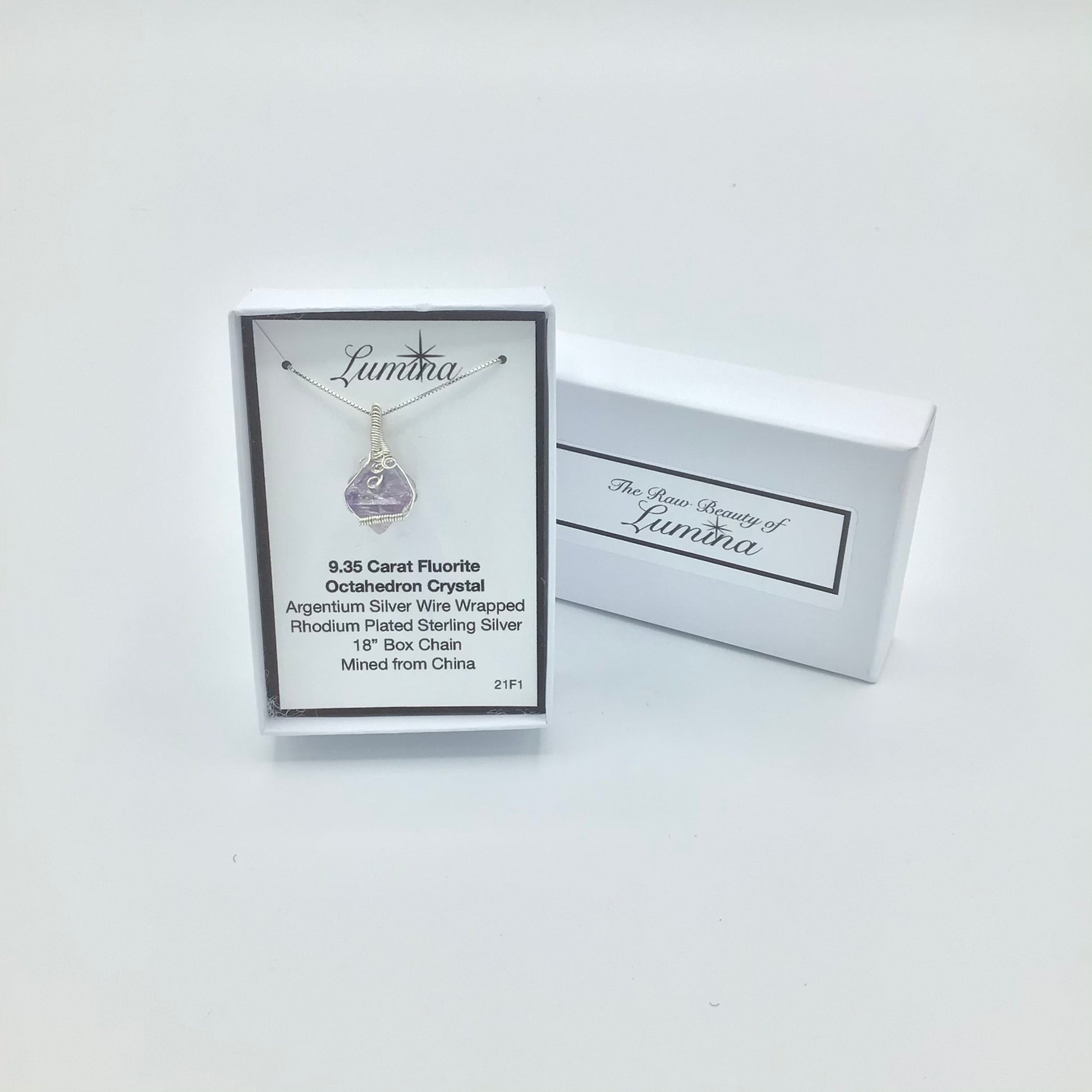 Argentium Silver Wire Wrapped Fluorite Octahedron Crystal on Rhodium Plated Sterling Silver Box Chain . (Large Horizontal Crystal)
