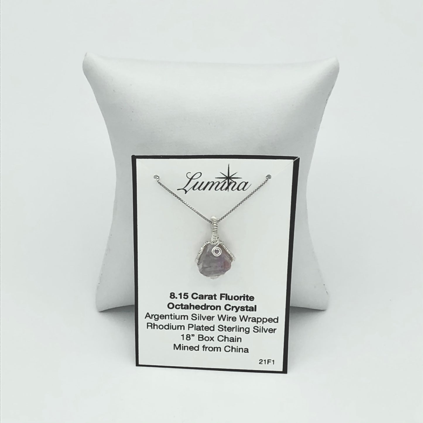 Argentium Silver Wire Wrapped Fluorite Octahedron Crystal on Rhodium Plated Sterling Silver Box Chain . (Two Vertical Coils)
