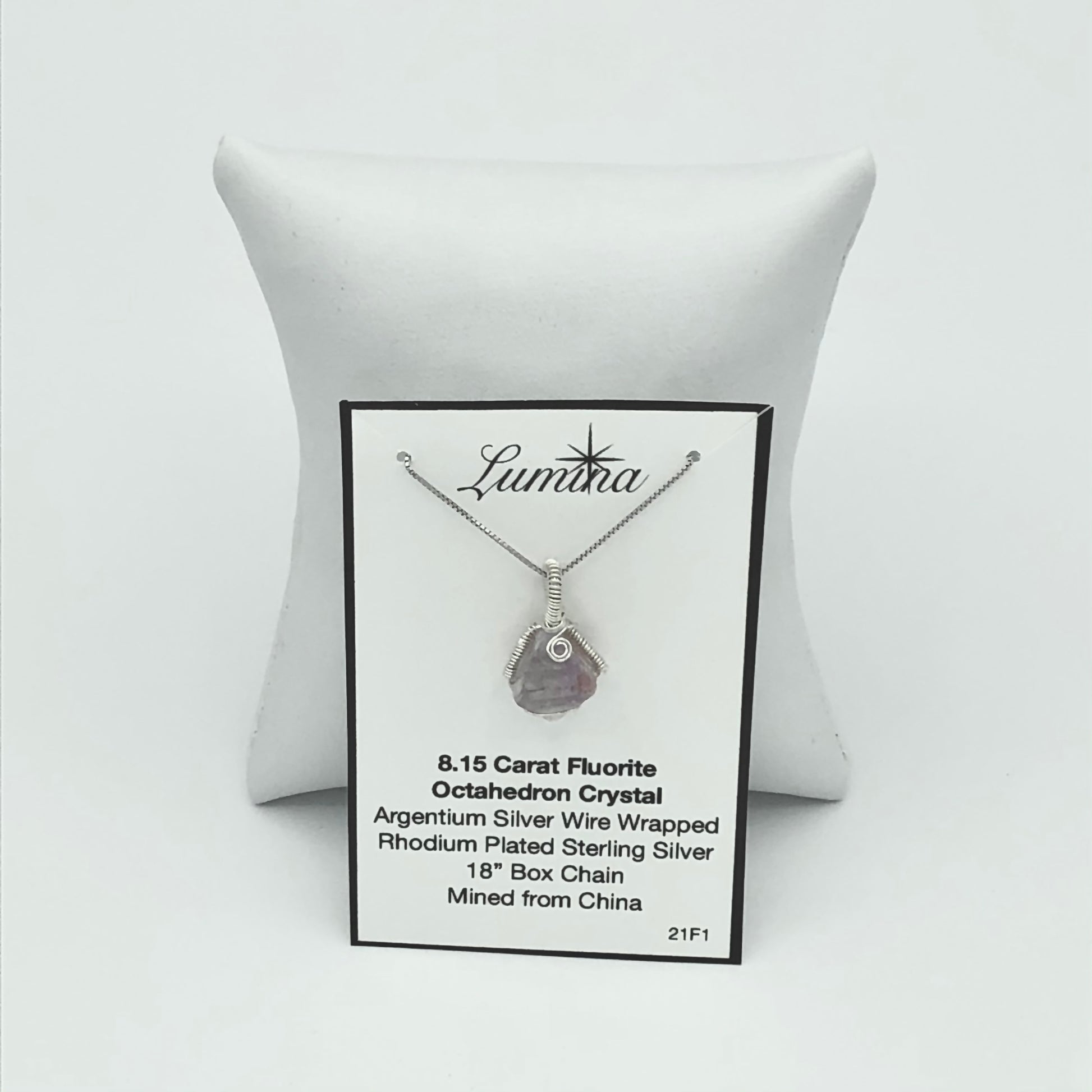 Argentium Silver Wire Wrapped Fluorite Octahedron Crystal on Rhodium Plated Sterling Silver Box Chain . (Two Vertical Coils)