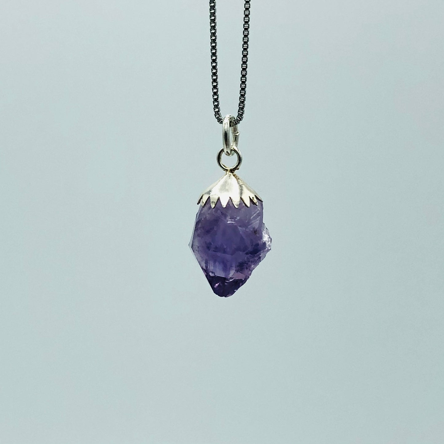 Amethyst on Rhodium Plated Sterling Silver Box Chain (One necklace per order. Props are not included)