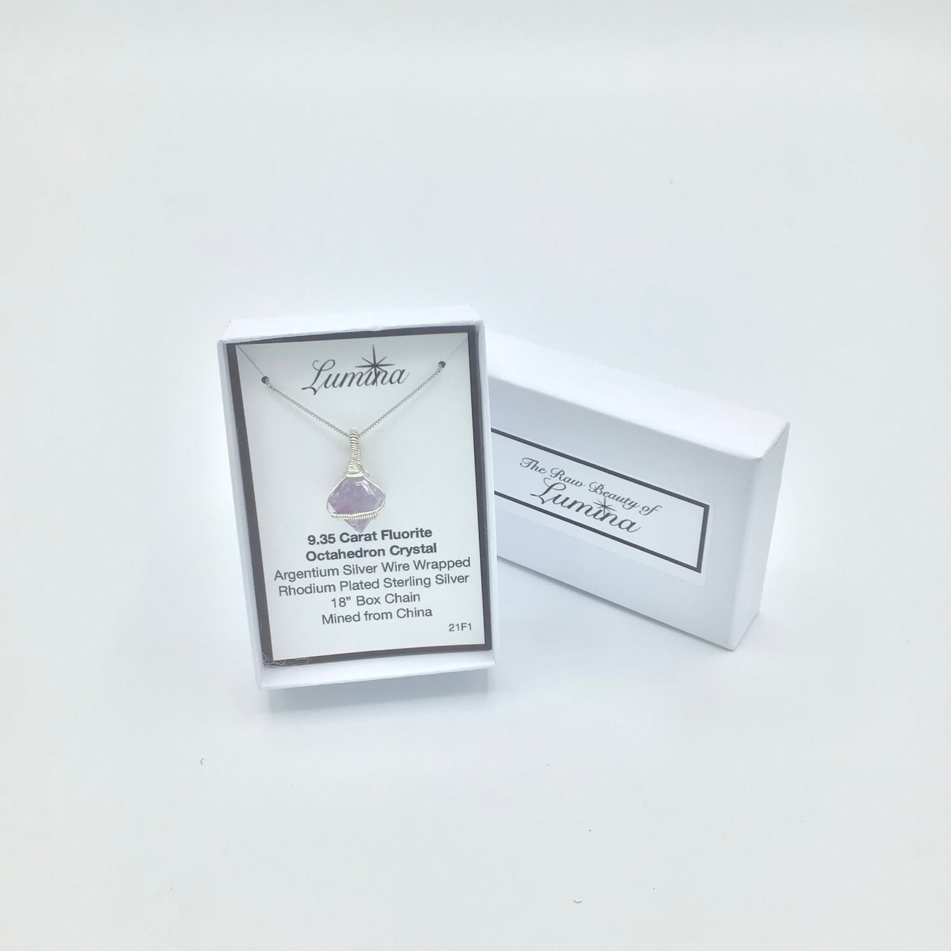 Argentium Silver Wire Wrapped Fluorite Octahedron Crystal on Rhodium Plated Sterling Silver Box Chain . (Large Horizontal Crystal)