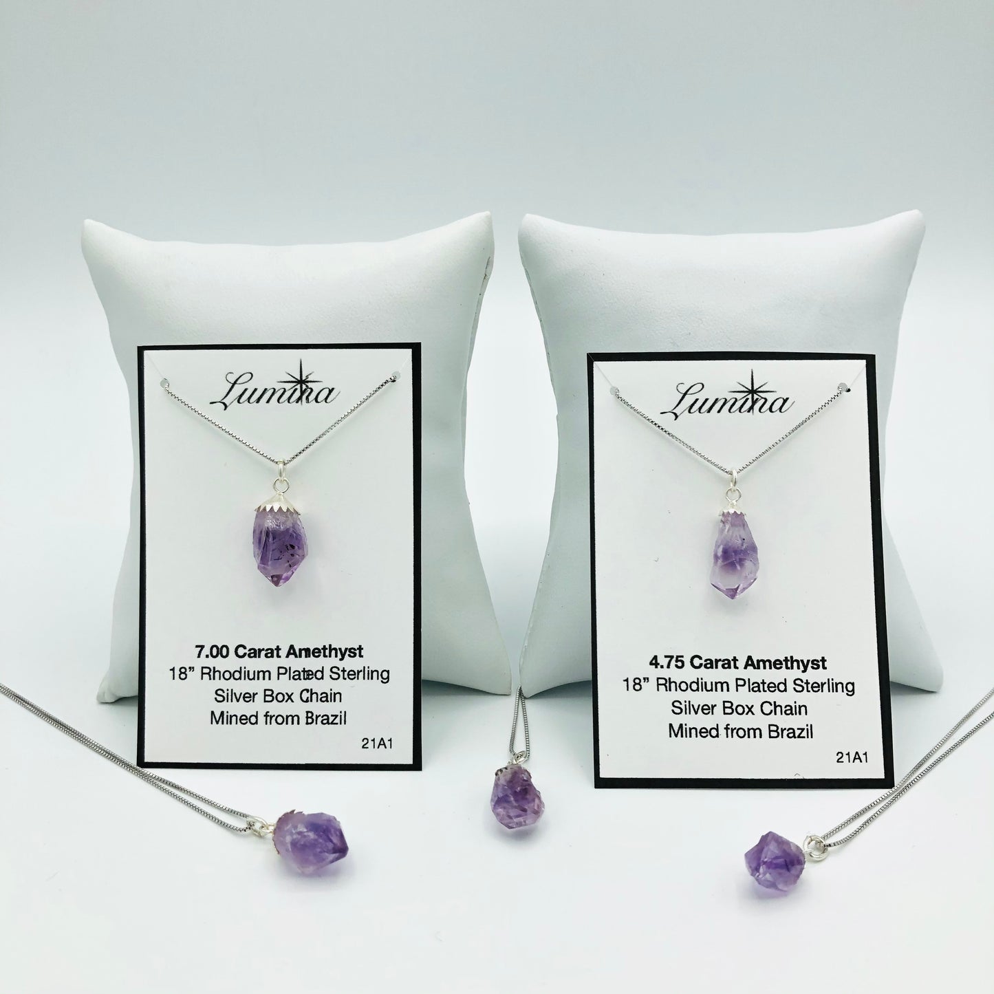 Amethyst on Rhodium Plated Sterling Silver Box Chains (One necklace per order. Props are not included)