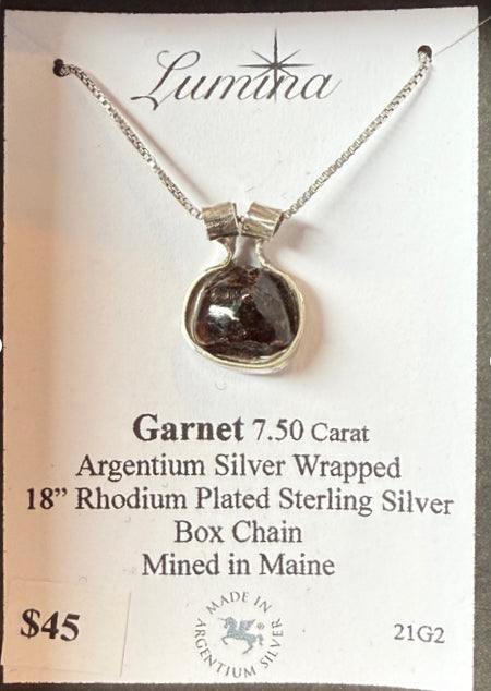 Garnet wrapped in Argentium Silver 18” Rhodium Plated Box Chain