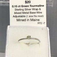 Unique, one of a kind 0.15 carat Green Tourmaline Ring, Sterling Silver Wrap Wire & Mixed Metal Base Wire  (Adjustable 1 size fits most).  Mined in Maine.