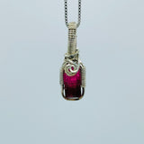 Bi-Color Pink Tourmaline, wrapped in Argentium Silver, on an 18” Rhodium Plated, Sterling Silver Box Chain