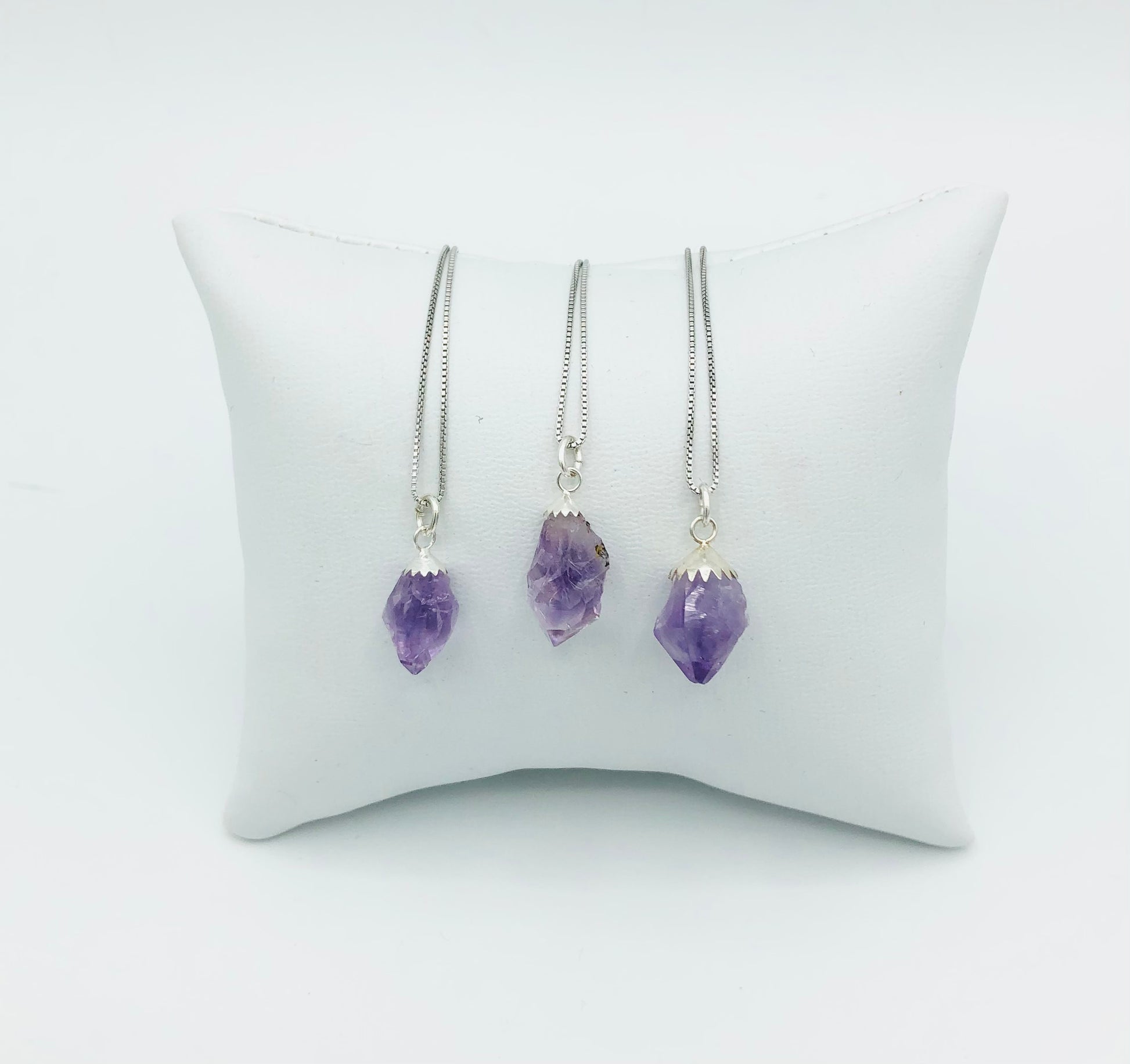 Amethyst on Rhodium Plated Sterling Silver Box Chains (One necklace per order. Props are not included)