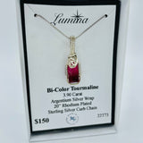 Bi-Color Pink Tourmaline, wrapped in Argentium Silver, on an 18” Rhodium Plated, Sterling Silver Box Chain