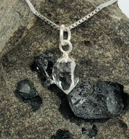 Herkimer Diamond Rhodium Plated Sterling Silver Box Chain on a Herkimer Diamond Specimen (The Herkimer Diamond Specimen is intended to be a prop and is not included in the purchase of the necklace).