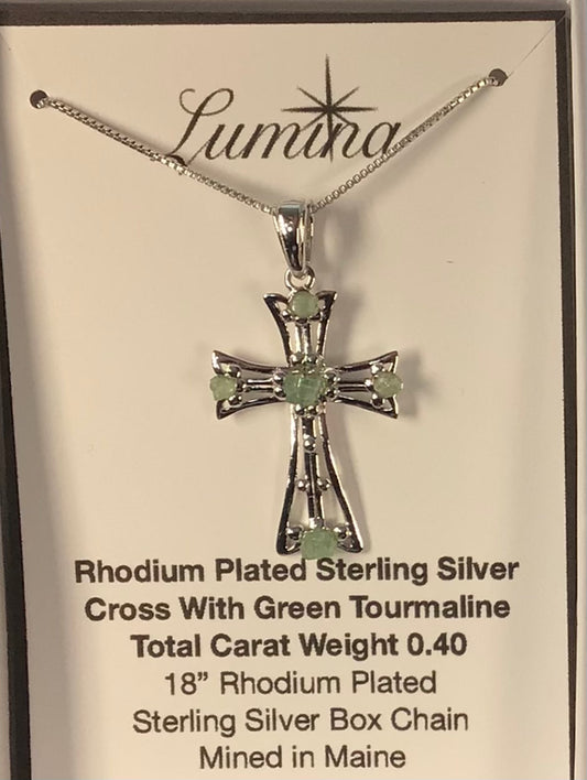 Kari’s Green Tourmaline Rhodium Plated Sterling Silver Cross