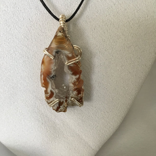 Tan, Brown & White Oco Geode Slice, Prong Wire Wrapped Pendent, Black Cord Necklace